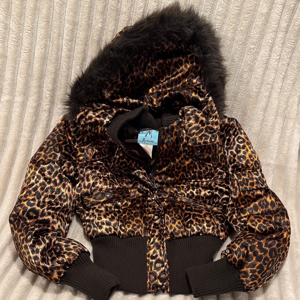 Marciano Leopard Print Puffer Jacket with Black Fur Hood